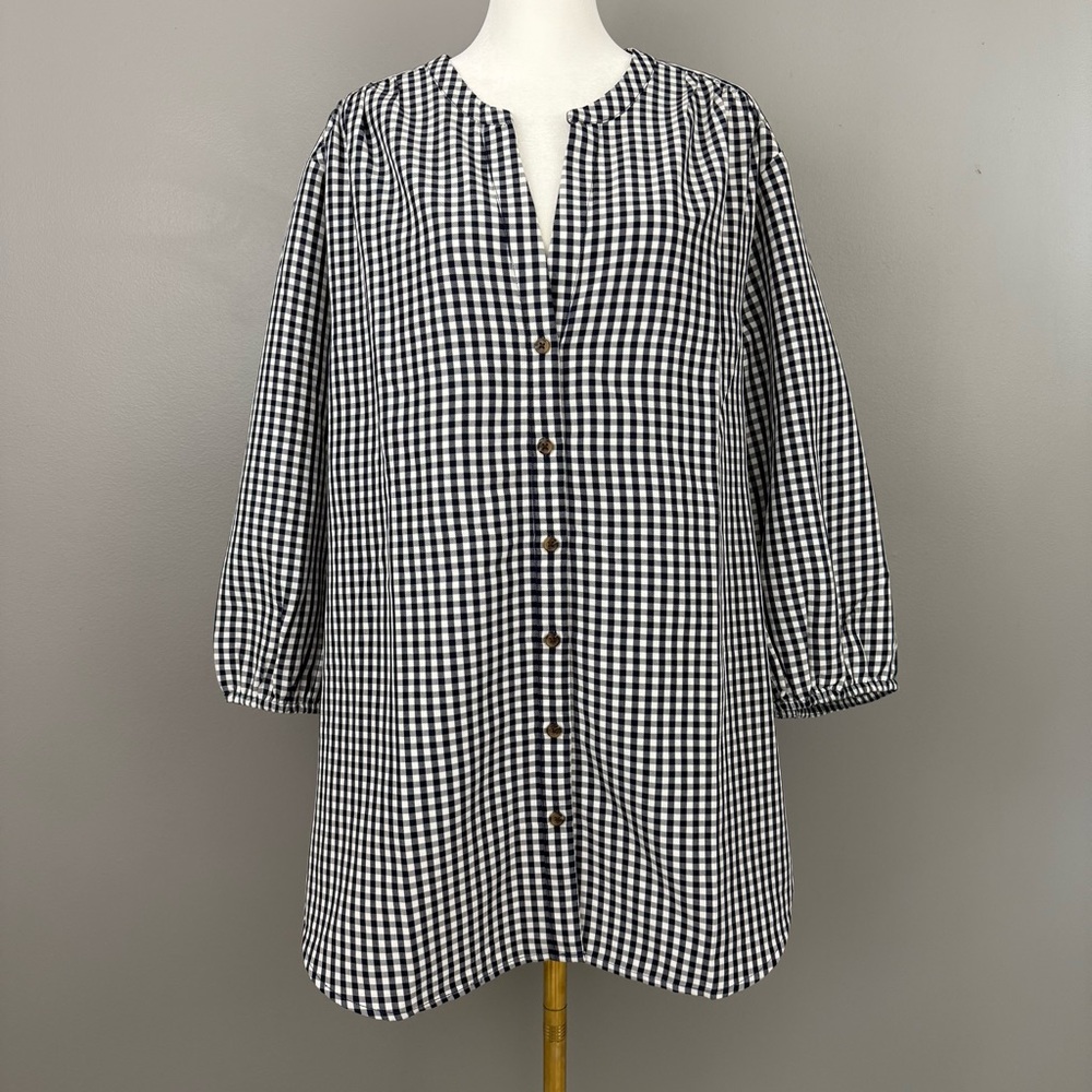 Lands' End Womens Shirt Size 1X 16-18W Blue White Gingham Check Button Front Top